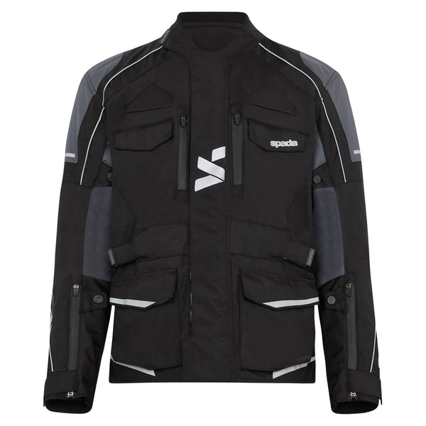 Women's black motorcycle jacket front view with waterproof membrane and reflective detailing.