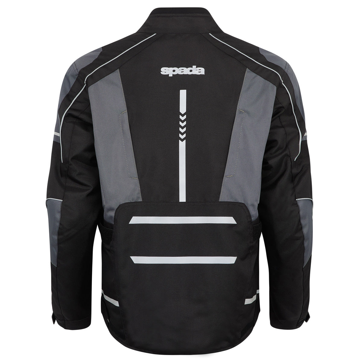 Rear view of women's black motorcycle jacket with back armour pocket and tailored female fit.