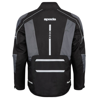 Rear view of women's black motorcycle jacket with back armour pocket and tailored female fit.