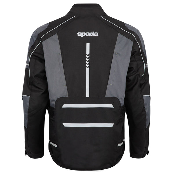 Rear view of women's black motorcycle jacket with back armour pocket and tailored female fit.