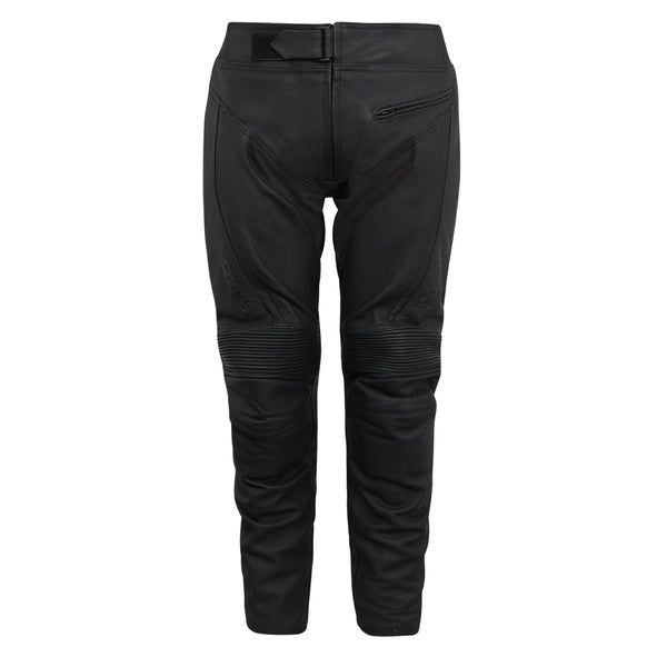 A pair of black motorcycle jeans with CE knee and hip armor, designed for a 'road fit' construction.