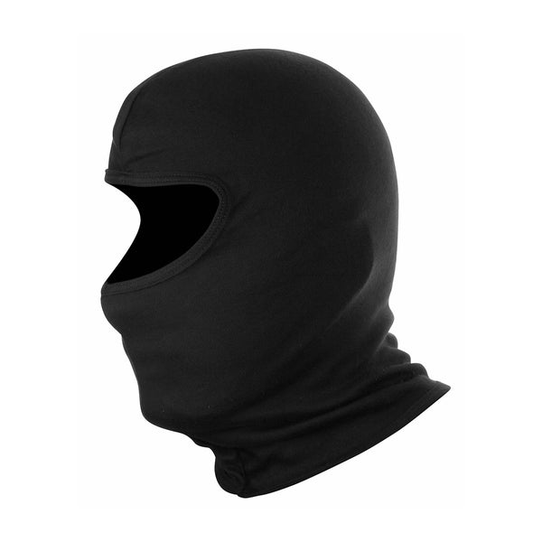 A black cotton balaclava with full-face coverage, designed for lightweight comfort.