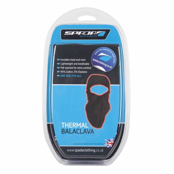 A packaged black thermal balaclava with the brand name 'spada' displayed on the top, against a blue and white themed backing card.