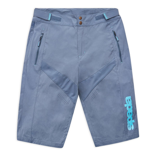 flat lay of front of button up blue shorts for men with pockets