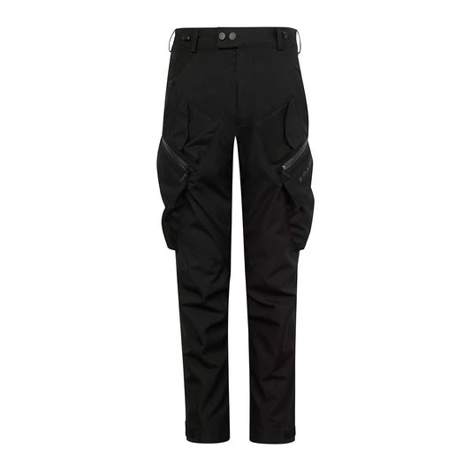 A pair of black Nodachi motorcycle trousers with protective armour, featuring multiple pockets, zip fasteners, and an adjustable waistband with a bungee cord and belt loops.