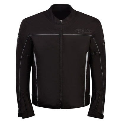 Black motorcycle jacket front view with removable thermal lining and adjustable waist for men and women.
