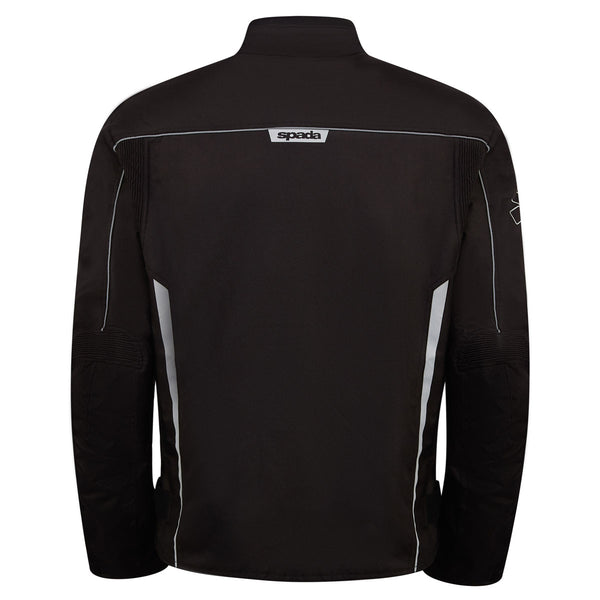 Rear view of men's black motorcycle jacket featuring CE Level A armour and waterproof breathable membrane.