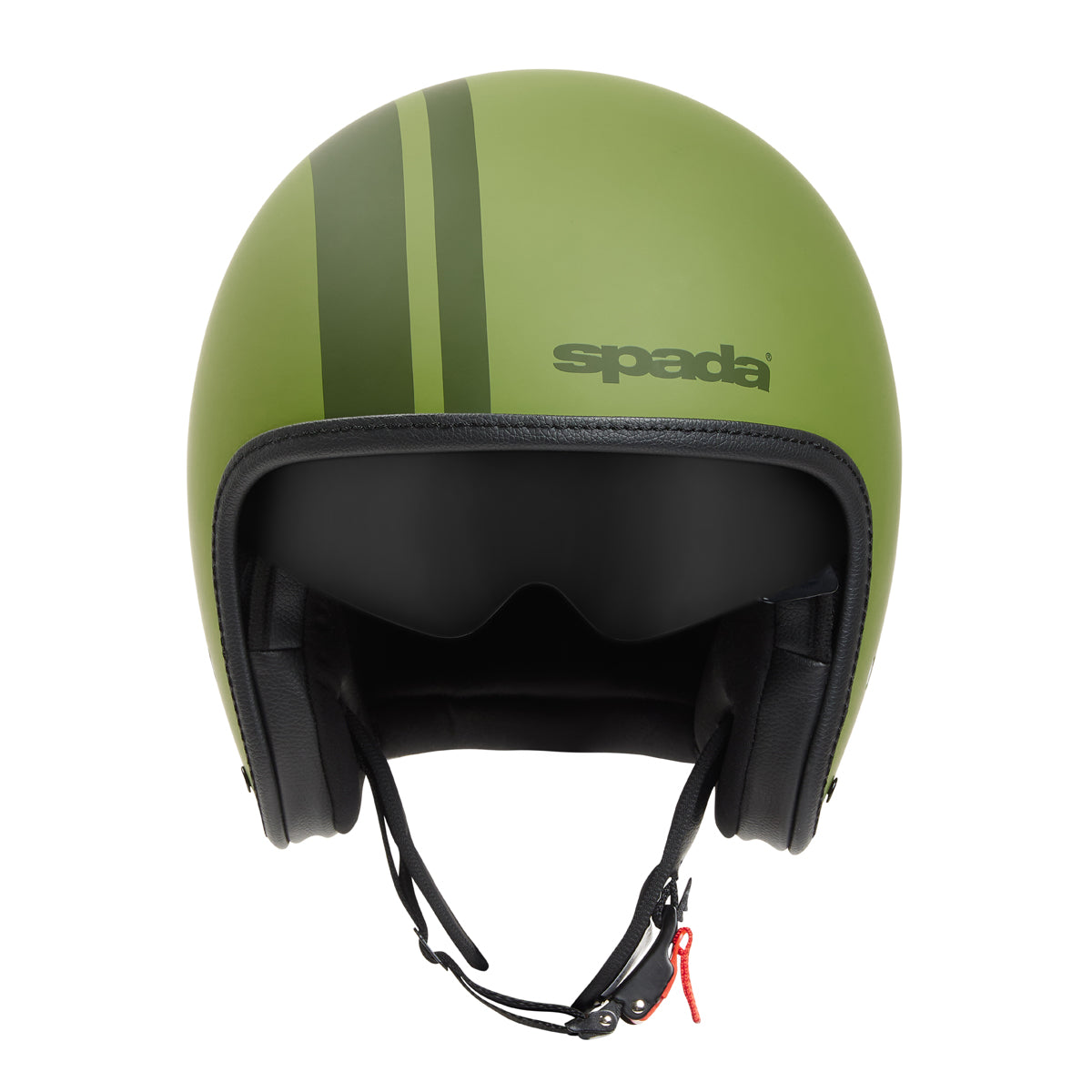 font on matt green open face motorcycle helmet with black visor