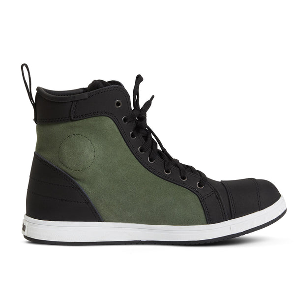 side of suede green motorbike high top trainers in green and black with ankle protectors